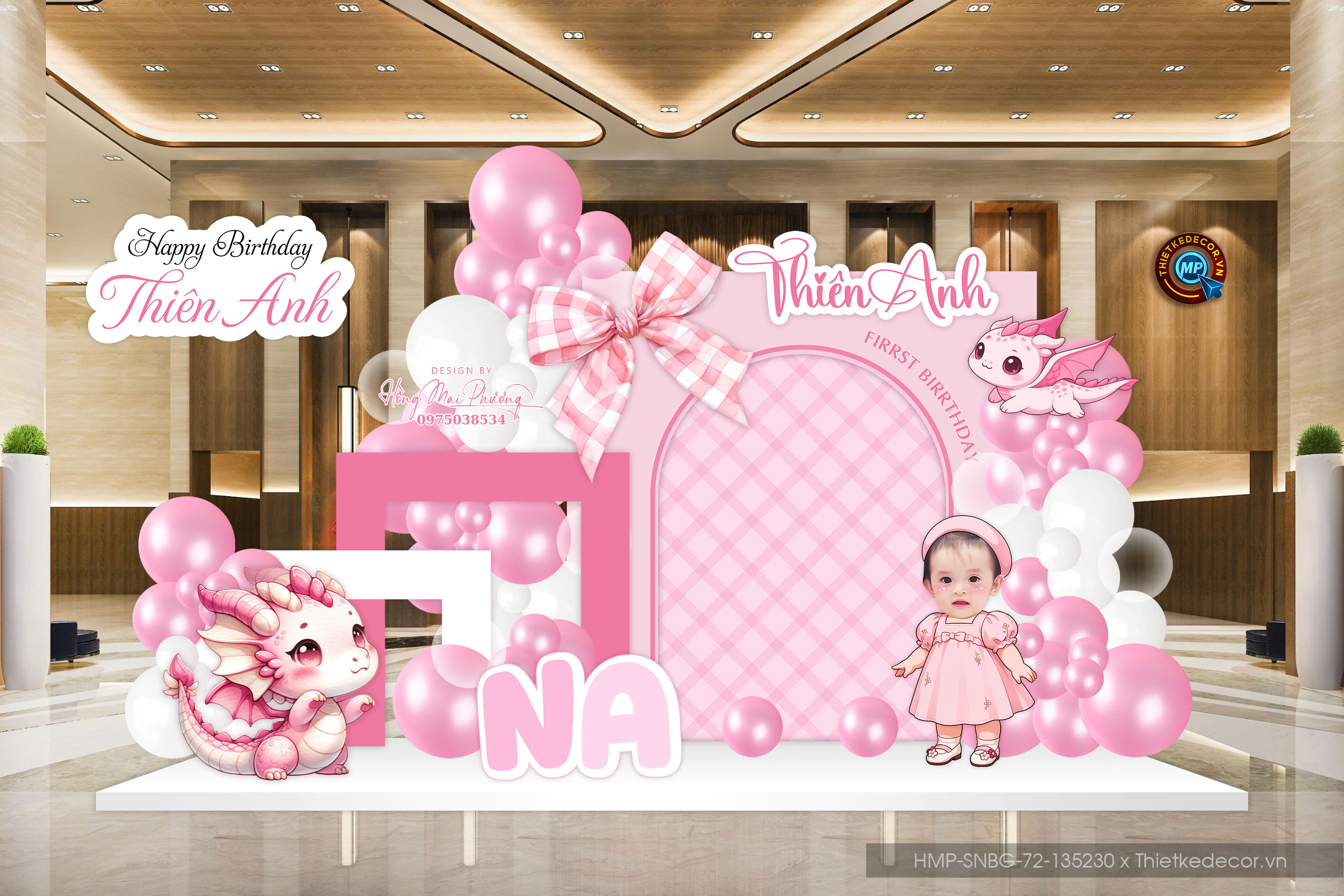 File thiết kế sinh nhật - thôi nôi bé gái tone hồng siêu xinh. Backdrop check in nhà nhà, tư gia.